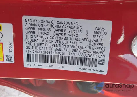 2025 Honda Civic Sport z USA, uszkodzony, nr VIN 2HGFE2F53SH590558